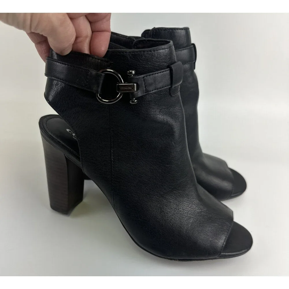 Coach Lafayette Heels Black Soft Leather Zip Peep Toe Slingback Sandal Bootie 9